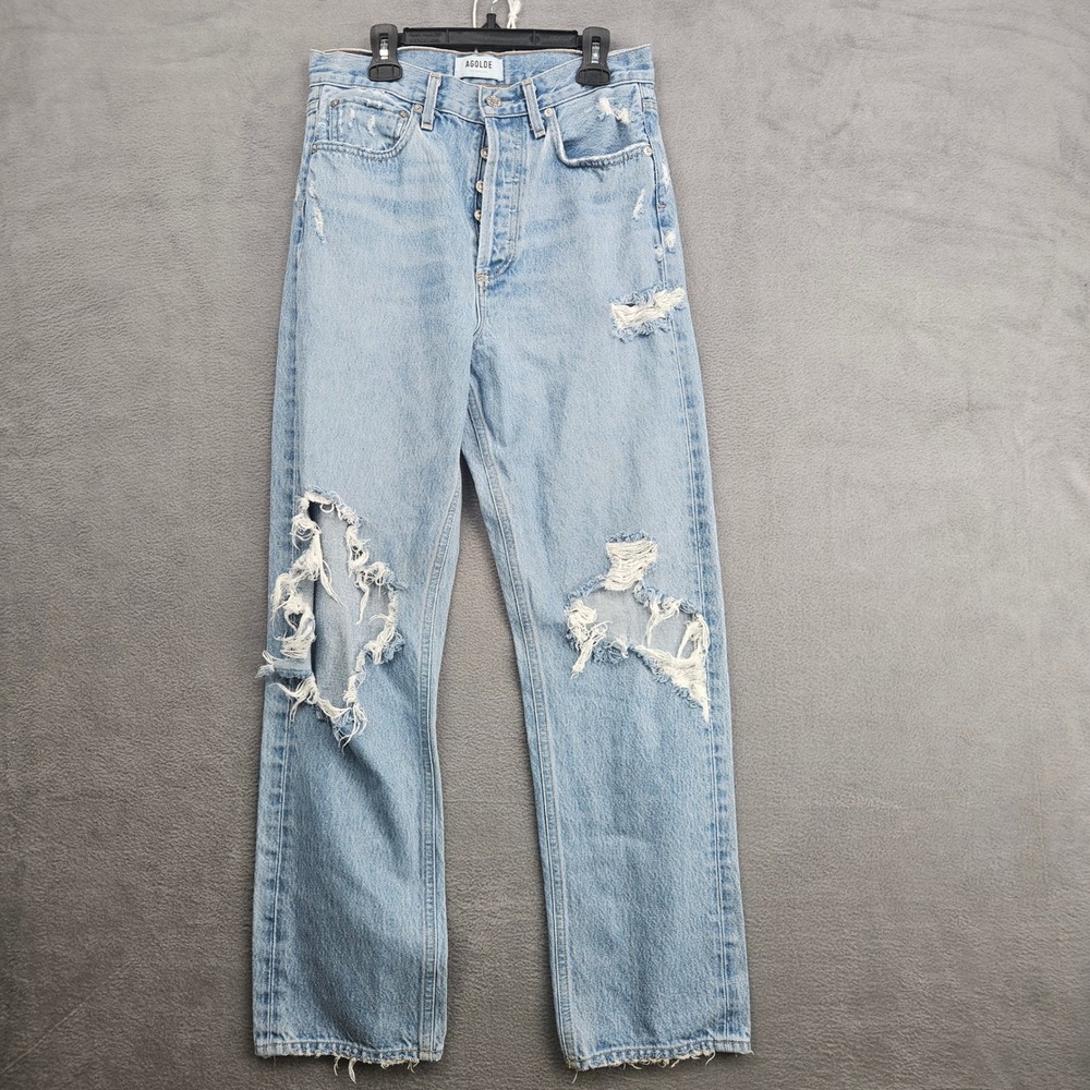 AGOLDE 90s Fit High Rise Distressed Straight Leg Jeans Light Wash Blue Size 25